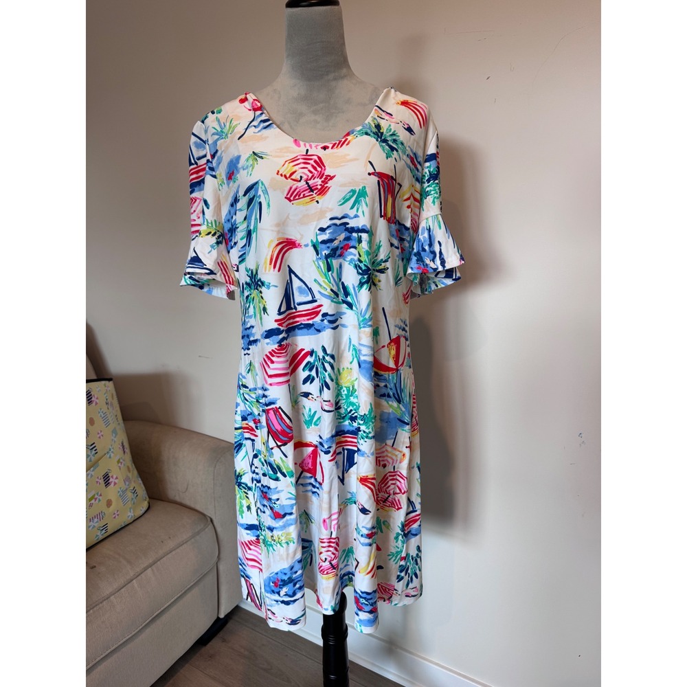 Aryeh Womens XL Tropical Beach Print Bell Sleeve V-Neck Shift Dress Multicolor